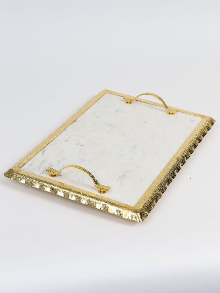 White Marble Tray with Gold Rim and Handles